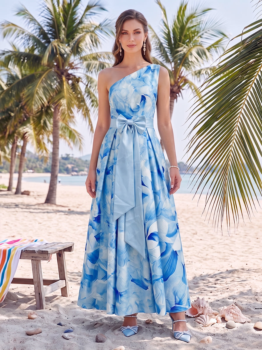 A-Line/Princess One-Shoulder Sleeveless Mother of the Bride Dresses with Bowknot & Printed Floral