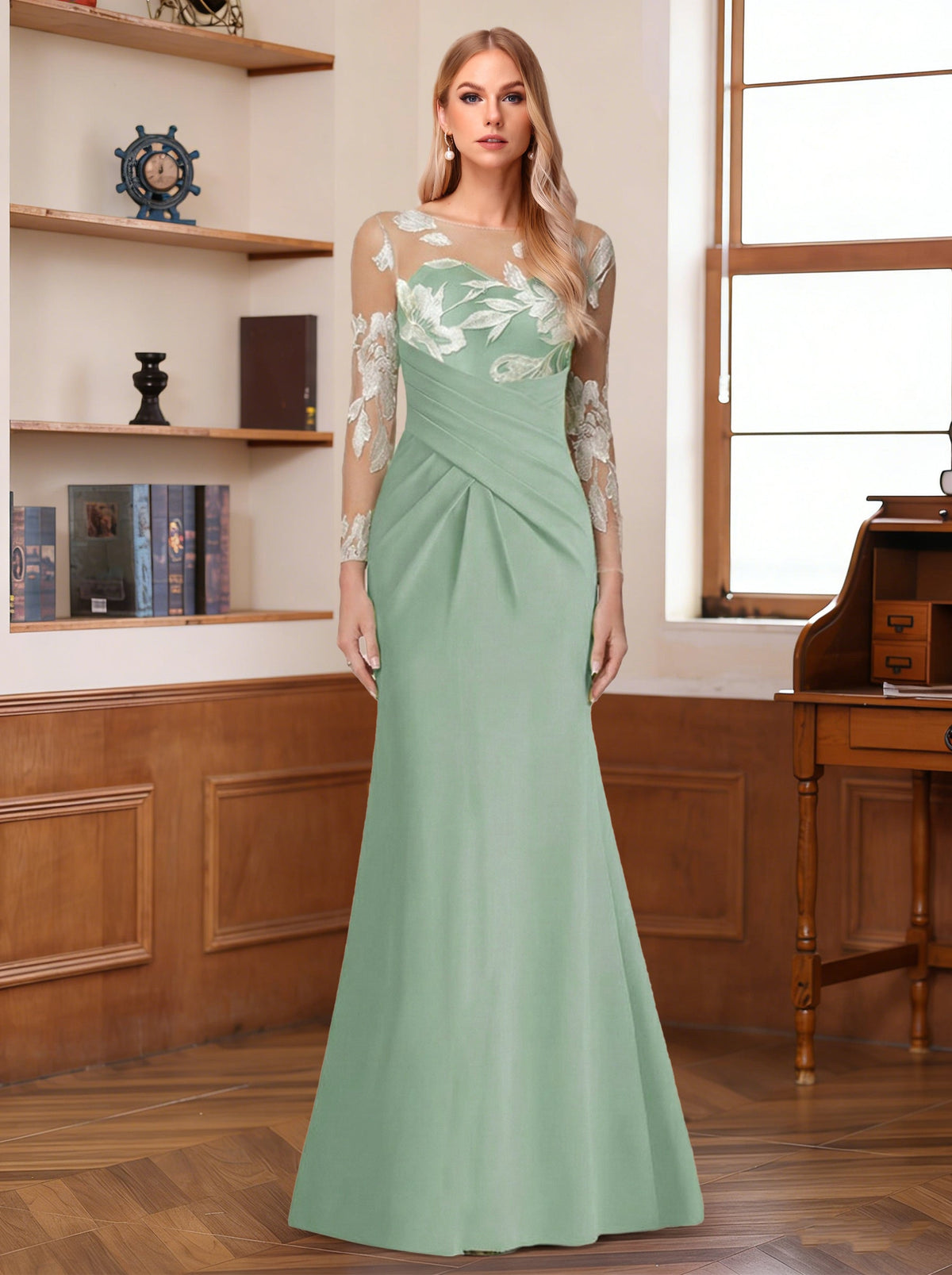 Trumpet/Mermaid Long Sleeves Scoop Floor-Length Mother of the Bride Dresses with Ruched & Embroidery