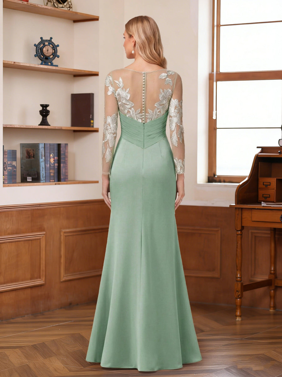 Trumpet/Mermaid Long Sleeves Scoop Floor-Length Mother of the Bride Dresses with Ruched & Embroidery