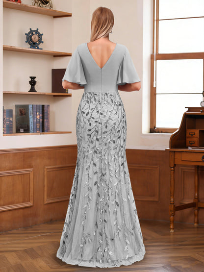 Trumpet/Mermaid V-Neck Half Sleeves Floor-Length Mother of the Bride Dresses with Appliques