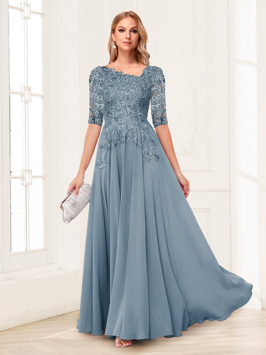 A-Line/Princess Asymmetrical Half Sleeves Chiffon Mother of the Bride Dresses with Applique