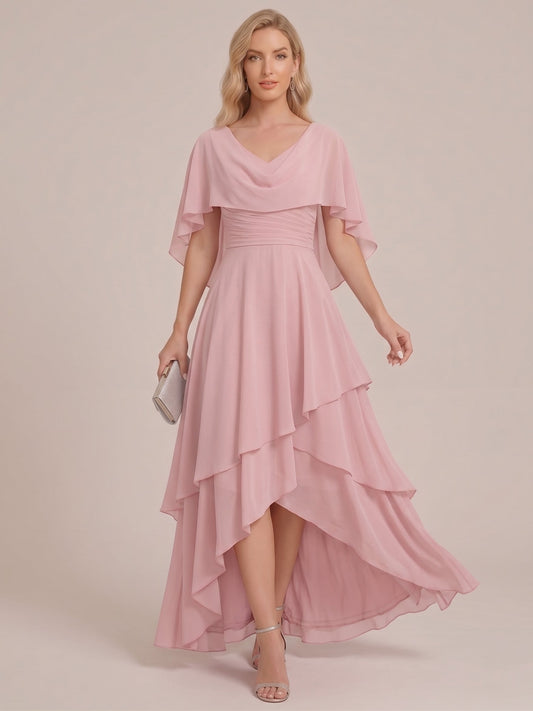 A-Line/Princess V-Neck Short Sleeves Tiered Asymmetrical Chiffon Mother of the Bride Dresses