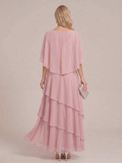 A-Line/Princess V-Neck Short Sleeves Tiered Asymmetrical Chiffon Mother of the Bride Dresses