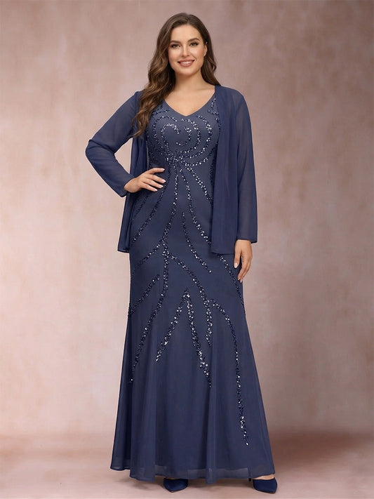 Sheath/Column V-Neck Floor-Length Plus Size Mother of the Bride Dresses With Jacket & Sequins