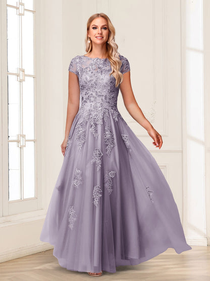 A-Line/Princess Sheer Neck Short Sleeves Long Formal Evening Dresses with Beading & Appliques