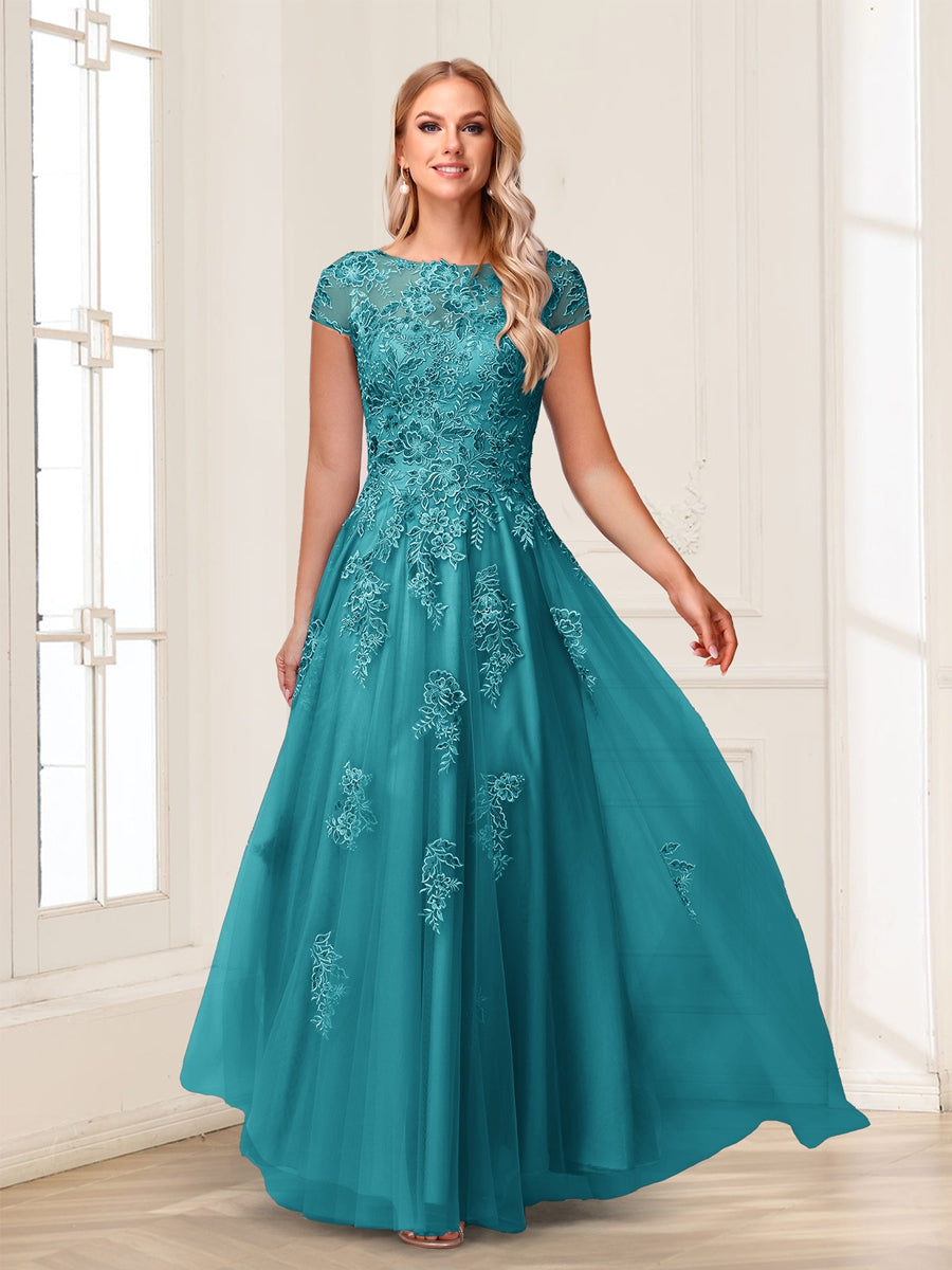 A-Line/Princess Sheer Neck Short Sleeves Long Formal Evening Dresses with Beading & Appliques
