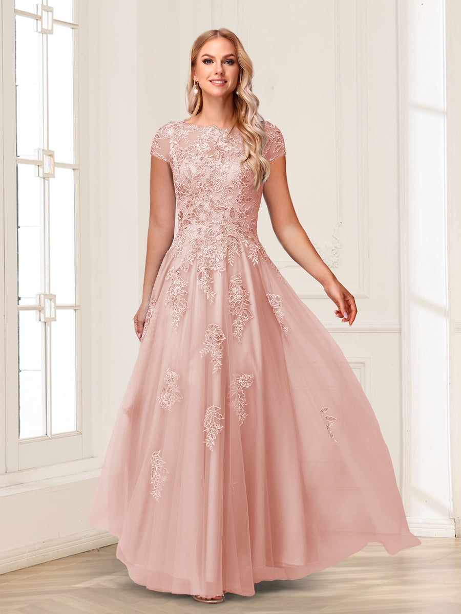 A-Line/Princess Sheer Neck Short Sleeves Long Formal Evening Dresses with Beading & Appliques