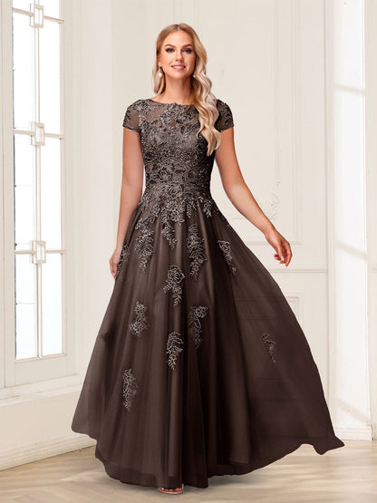 A-Line/Princess Sheer Neck Short Sleeves Long Formal Evening Dresses with Beading & Appliques