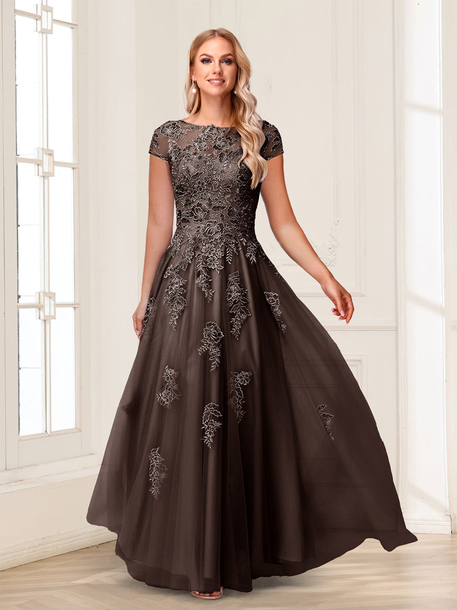 A-Line/Princess Sheer Neck Short Sleeves Long Formal Evening Dresses with Beading & Appliques