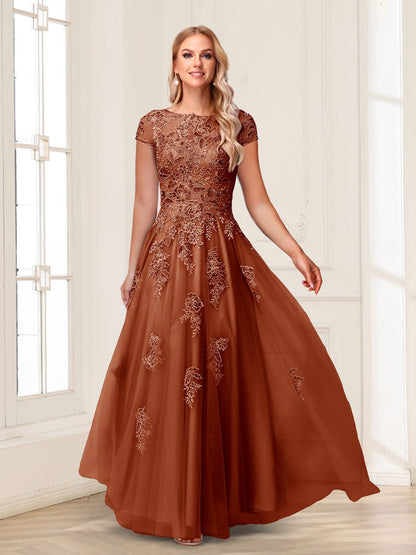 A-Line/Princess Sheer Neck Short Sleeves Long Formal Evening Dresses with Beading & Appliques