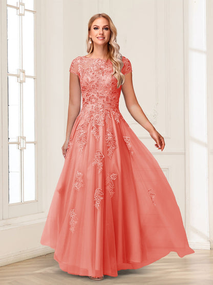 A-Line/Princess Sheer Neck Short Sleeves Long Formal Evening Dresses with Beading & Appliques