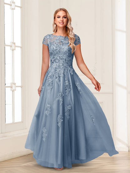 A-Line/Princess Sheer Neck Short Sleeves Long Formal Evening Dresses with Beading & Appliques