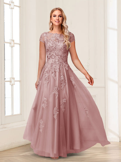 A-Line/Princess Sheer Neck Short Sleeves Long Formal Evening Dresses with Beading & Appliques