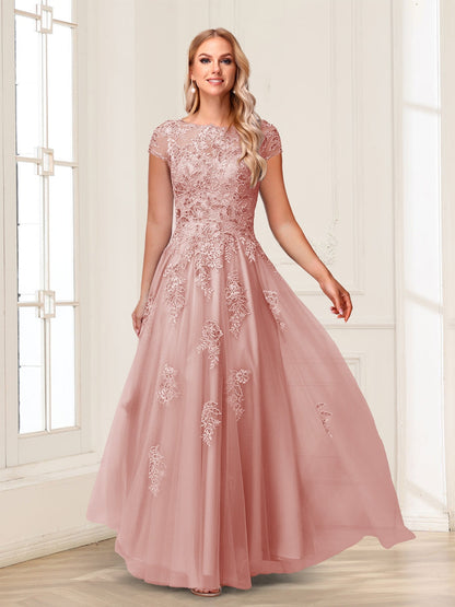 A-Line/Princess Sheer Neck Short Sleeves Long Formal Evening Dresses with Beading & Appliques