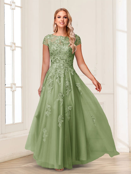A-Line/Princess Sheer Neck Short Sleeves Long Formal Evening Dresses with Beading & Appliques