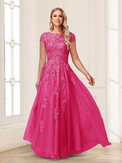 A-Line/Princess Sheer Neck Short Sleeves Long Formal Evening Dresses with Beading & Appliques
