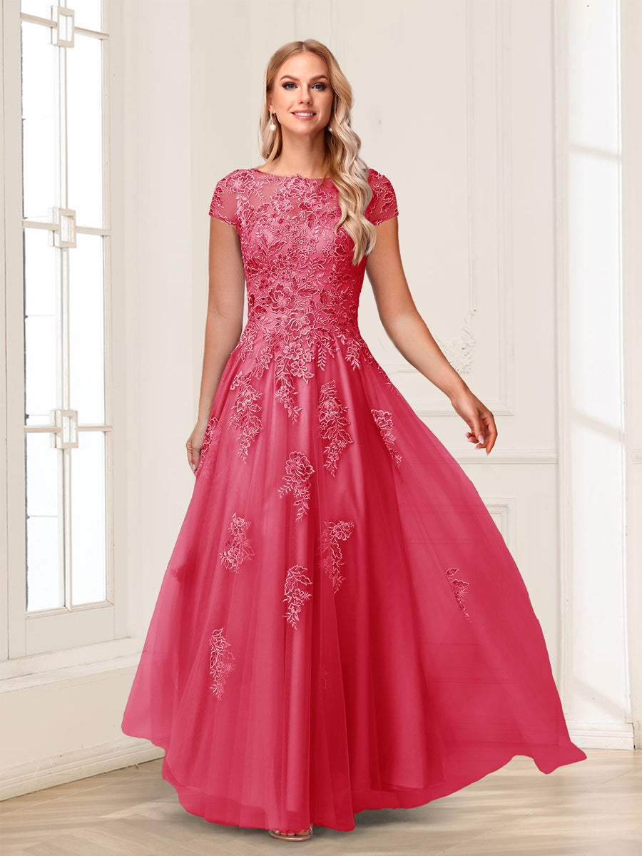 A-Line/Princess Sheer Neck Short Sleeves Long Formal Evening Dresses with Beading & Appliques