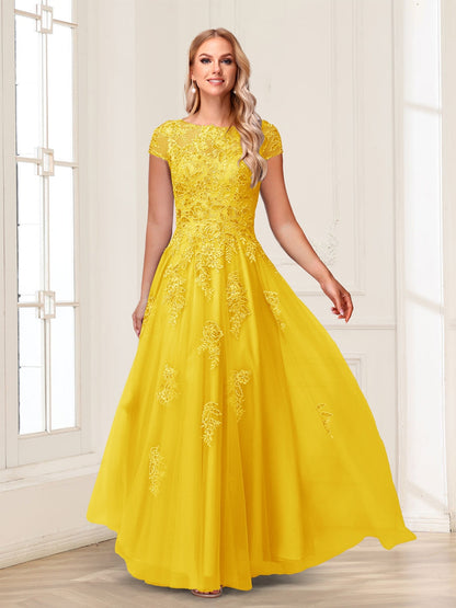 A-Line/Princess Sheer Neck Short Sleeves Long Formal Evening Dresses with Beading & Appliques