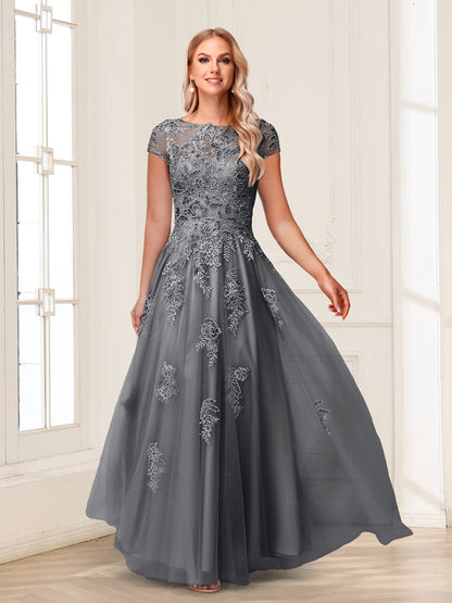 A-Line/Princess Sheer Neck Short Sleeves Long Formal Evening Dresses with Beading & Appliques