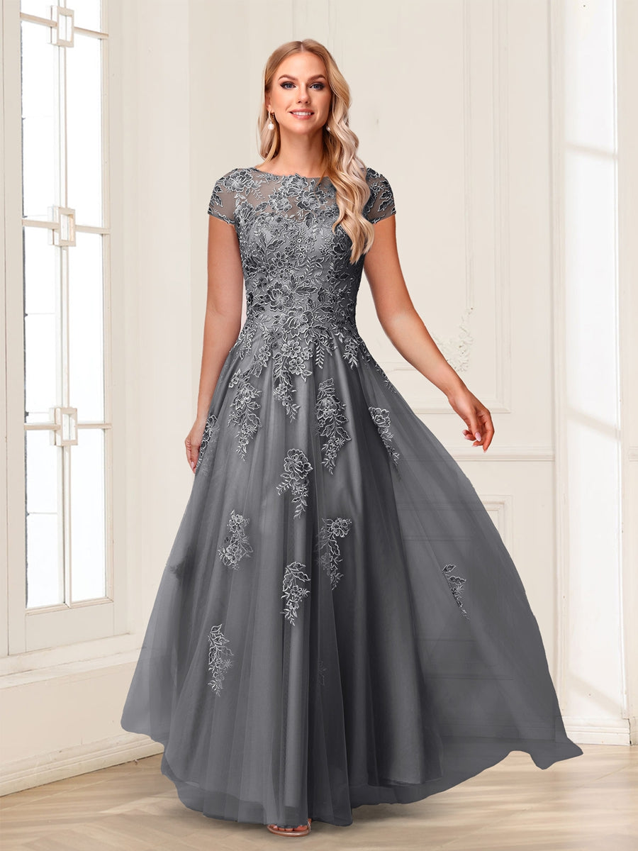 A-Line/Princess Sheer Neck Short Sleeves Long Formal Evening Dresses with Beading & Appliques