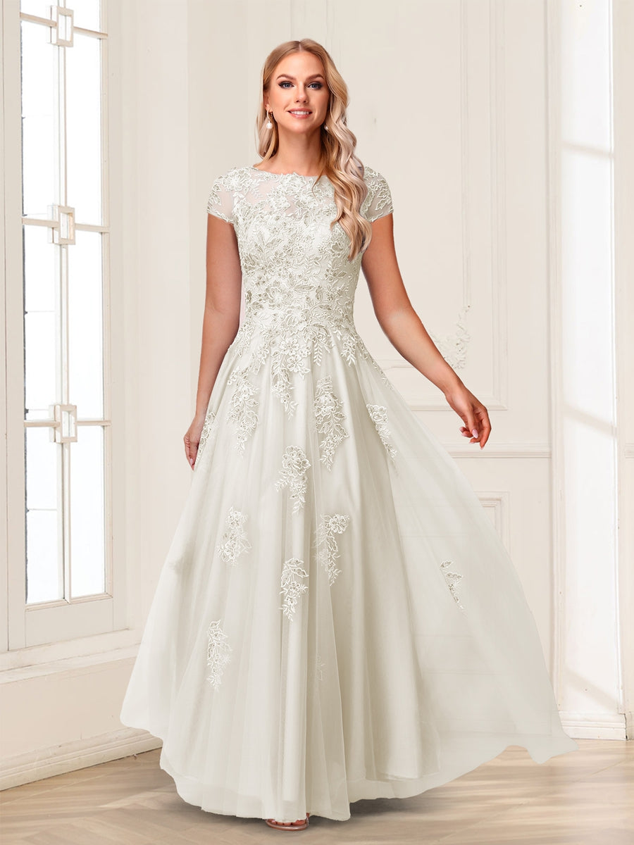 A-Line/Princess Sheer Neck Short Sleeves Long Formal Evening Dresses with Beading & Appliques