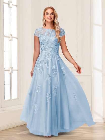 A-Line/Princess Sheer Neck Short Sleeves Long Formal Evening Dresses with Beading & Appliques