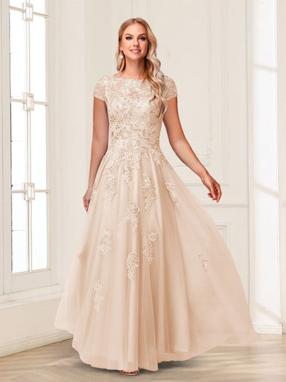 A-Line/Princess Sheer Neck Short Sleeves Long Formal Evening Dresses with Beading & Appliques
