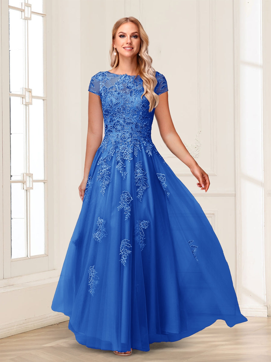 A-Line/Princess Sheer Neck Short Sleeves Long Formal Evening Dresses with Beading & Appliques