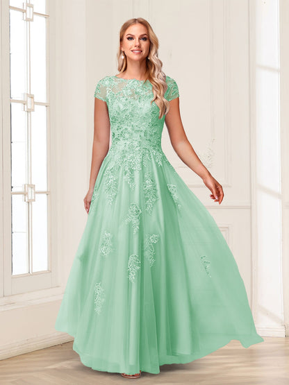A-Line/Princess Sheer Neck Short Sleeves Long Formal Evening Dresses with Beading & Appliques