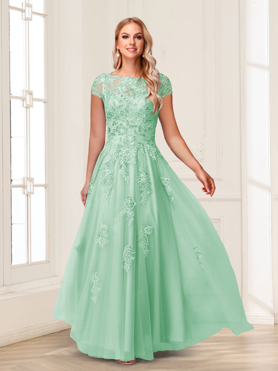 A-Line/Princess Sheer Neck Short Sleeves Long Formal Evening Dresses with Beading & Appliques