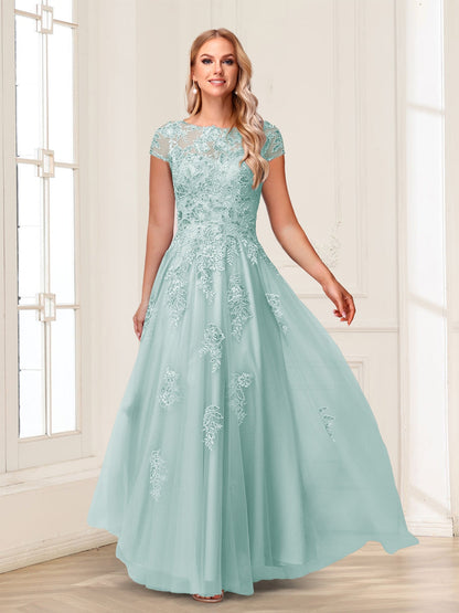 A-Line/Princess Sheer Neck Short Sleeves Long Formal Evening Dresses with Beading & Appliques