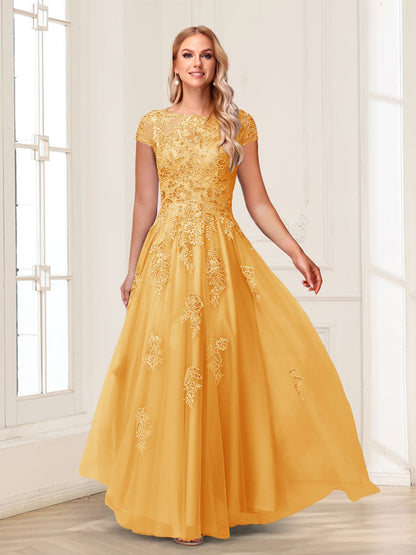 A-Line/Princess Sheer Neck Short Sleeves Long Formal Evening Dresses with Beading & Appliques