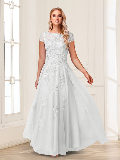 A-Line/Princess Sheer Neck Short Sleeves Long Formal Evening Dresses with Beading & Appliques