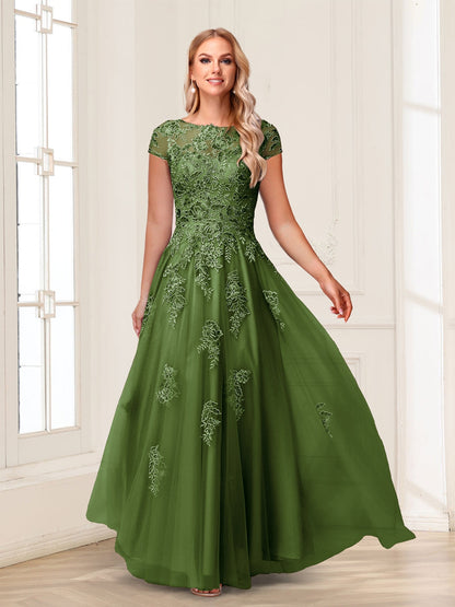 A-Line/Princess Sheer Neck Short Sleeves Long Formal Evening Dresses with Beading & Appliques