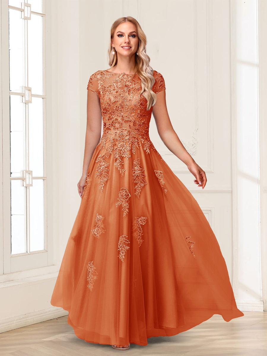 A-Line/Princess Sheer Neck Short Sleeves Long Formal Evening Dresses with Beading & Appliques