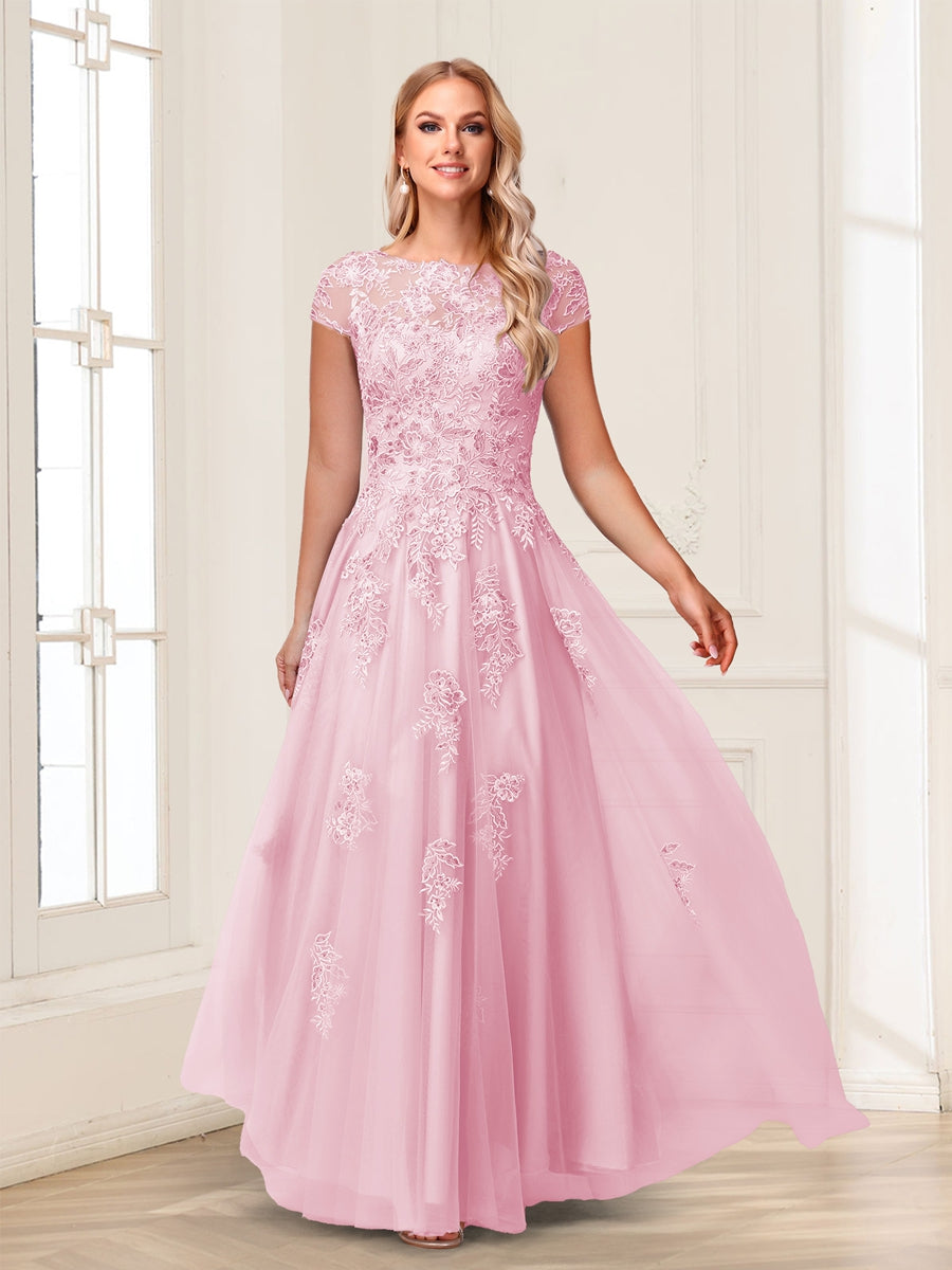 A-Line/Princess Sheer Neck Short Sleeves Long Formal Evening Dresses with Beading & Appliques