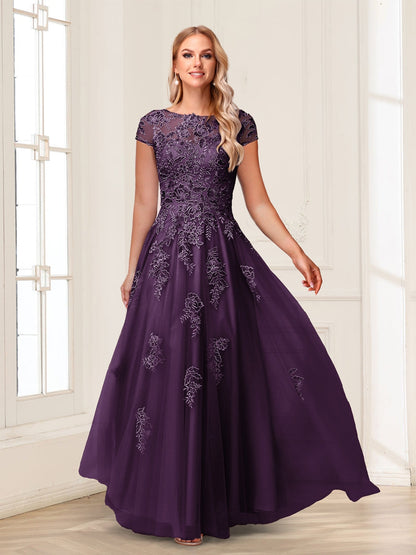 A-Line/Princess Sheer Neck Short Sleeves Long Formal Evening Dresses with Beading & Appliques