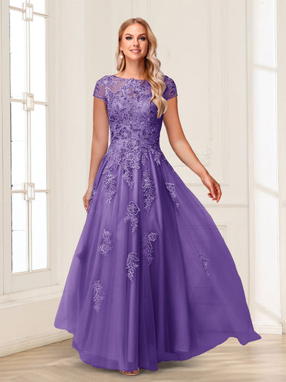 A-Line/Princess Sheer Neck Short Sleeves Long Formal Evening Dresses with Beading & Appliques