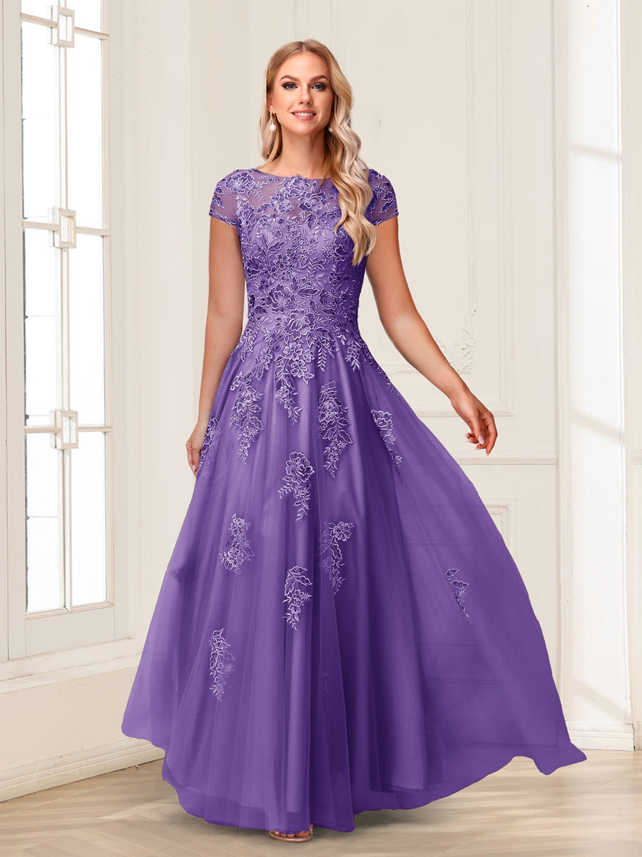A-Line/Princess Sheer Neck Short Sleeves Long Formal Evening Dresses with Beading & Appliques