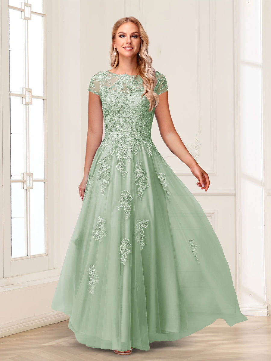 A-Line/Princess Sheer Neck Short Sleeves Long Formal Evening Dresses with Beading & Appliques