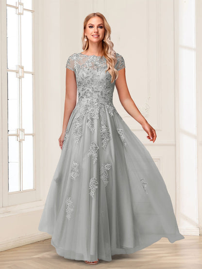 A-Line/Princess Sheer Neck Short Sleeves Long Formal Evening Dresses with Beading & Appliques