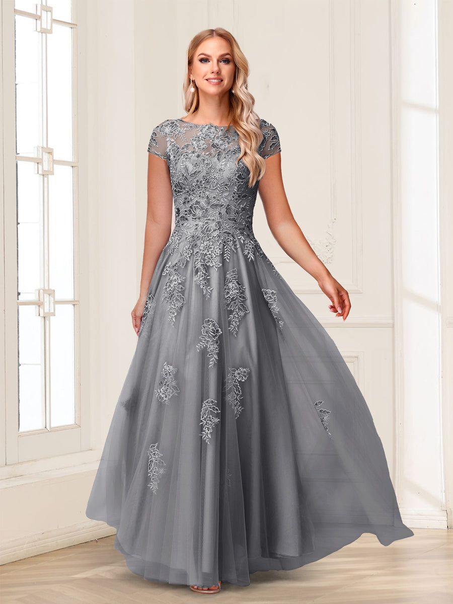 A-Line/Princess Sheer Neck Short Sleeves Long Formal Evening Dresses with Beading & Appliques