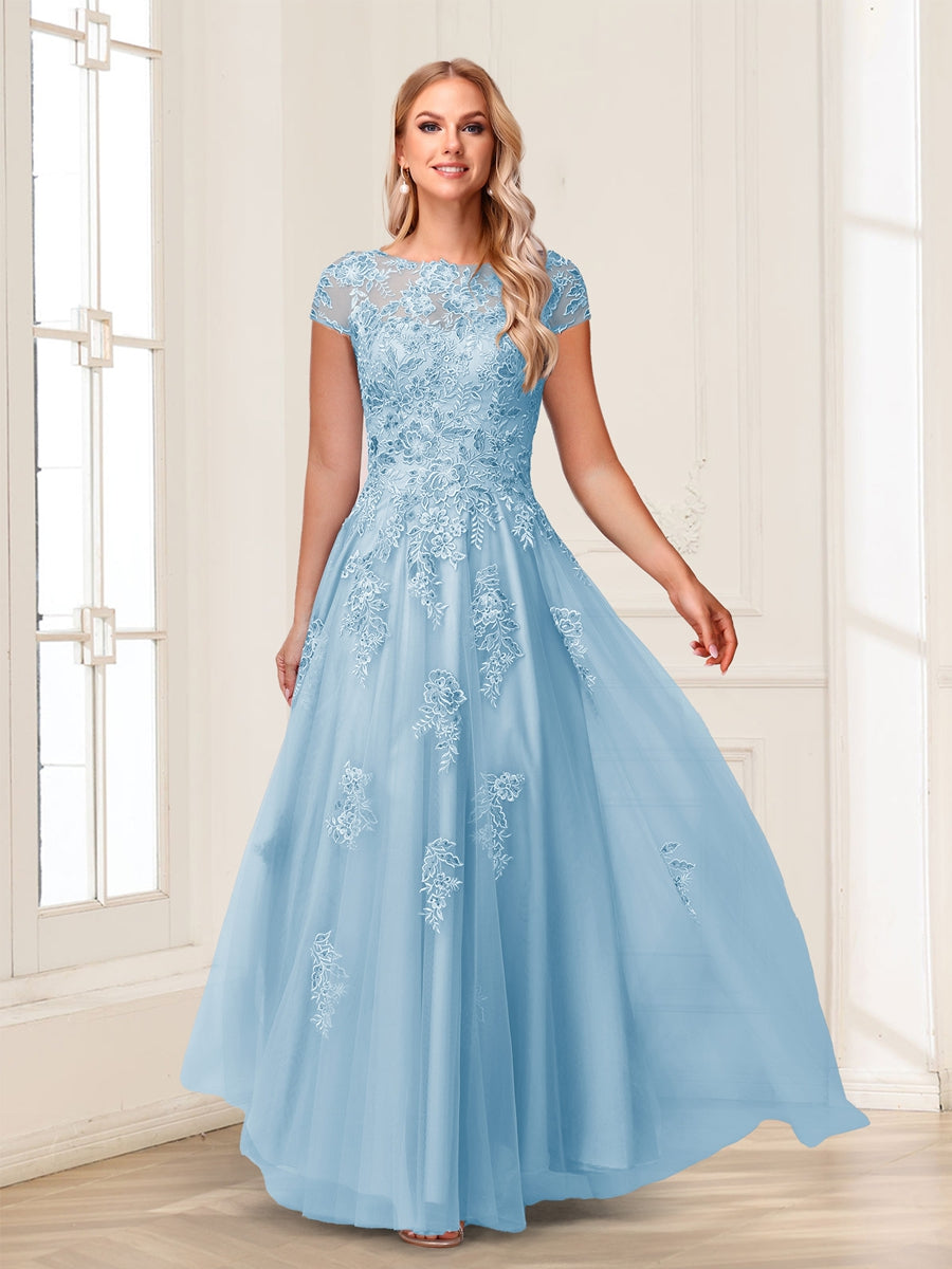 A-Line/Princess Sheer Neck Short Sleeves Long Formal Evening Dresses with Beading & Appliques