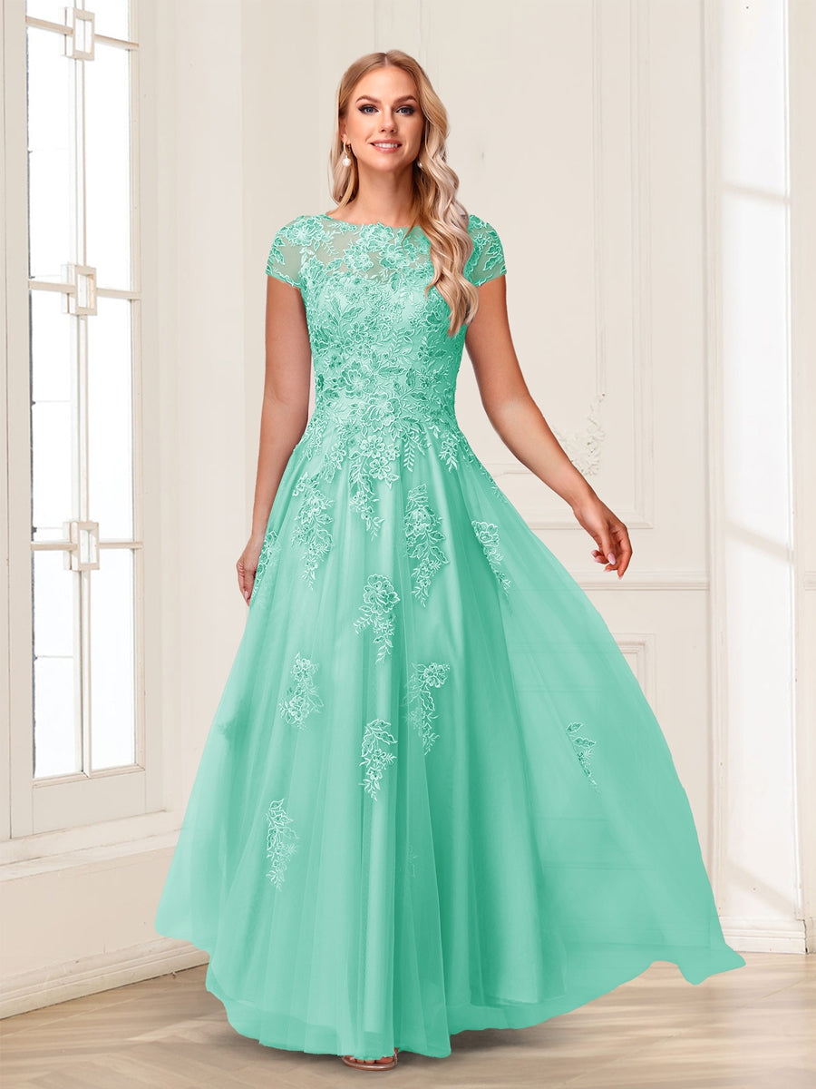A-Line/Princess Sheer Neck Short Sleeves Long Formal Evening Dresses with Beading & Appliques