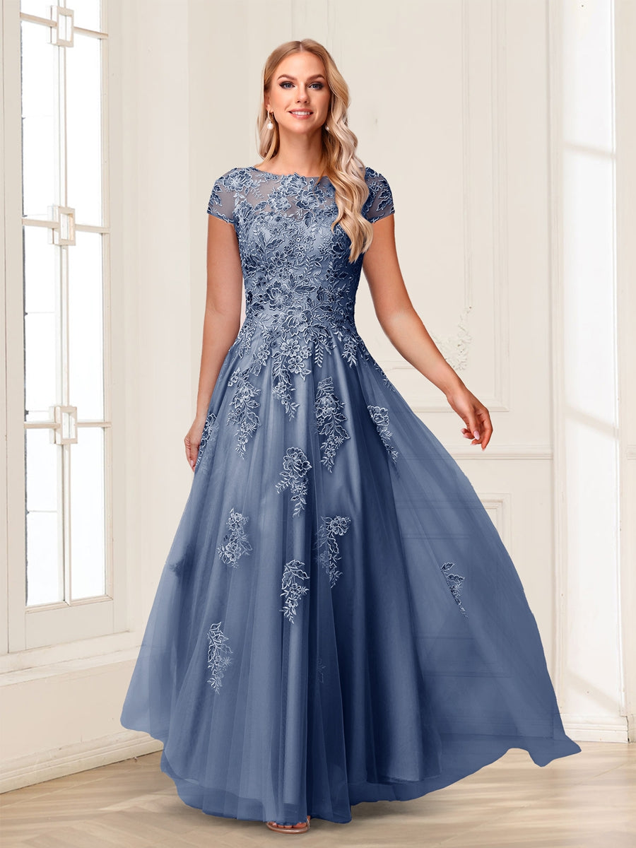 A-Line/Princess Sheer Neck Short Sleeves Long Formal Evening Dresses with Beading & Appliques
