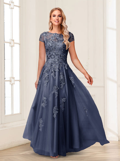 A-Line/Princess Sheer Neck Short Sleeves Long Formal Evening Dresses with Beading & Appliques