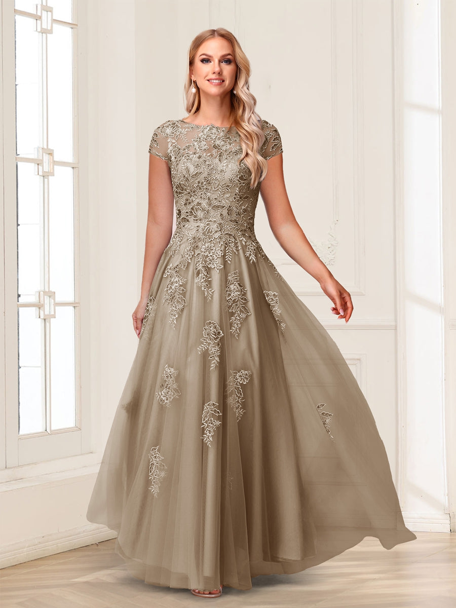A-Line/Princess Sheer Neck Short Sleeves Long Formal Evening Dresses with Beading & Appliques