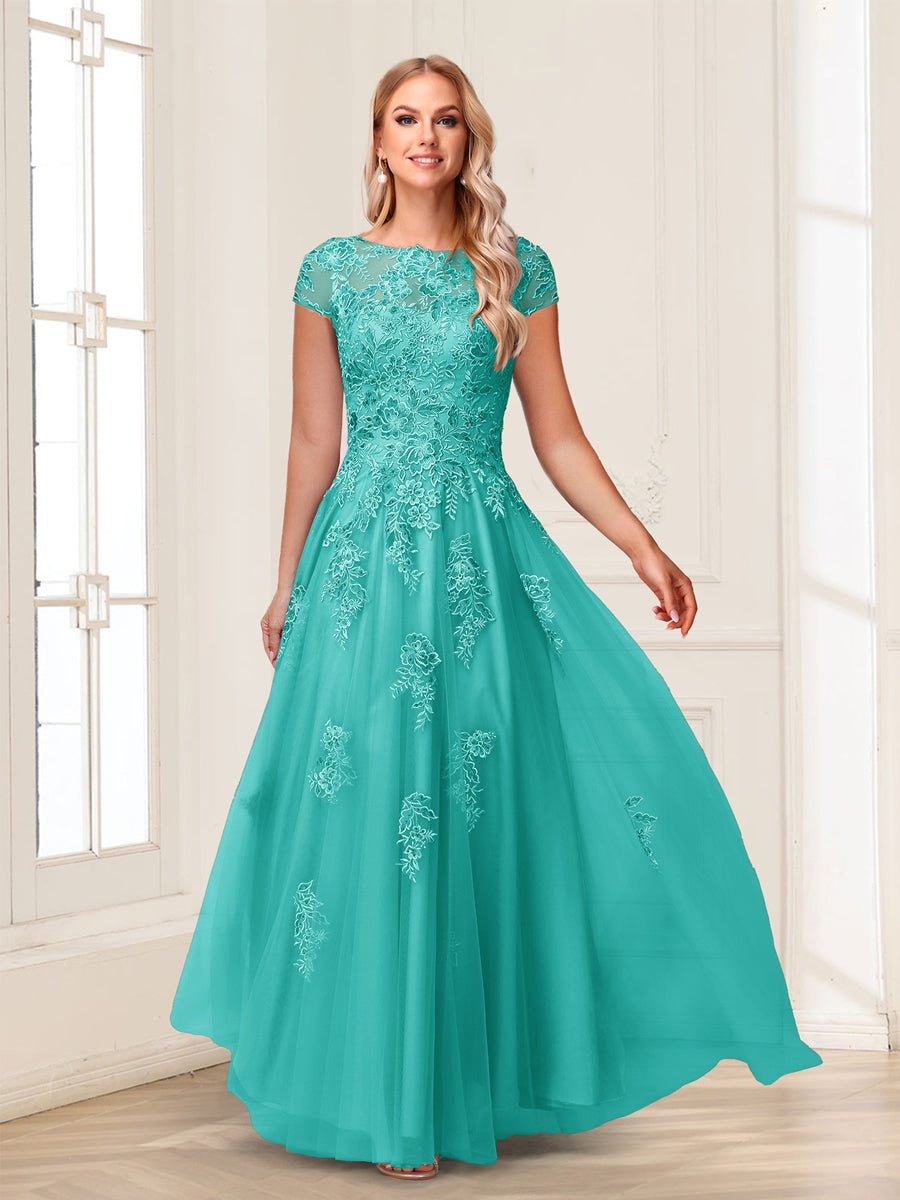 A-Line/Princess Sheer Neck Short Sleeves Long Formal Evening Dresses with Beading & Appliques