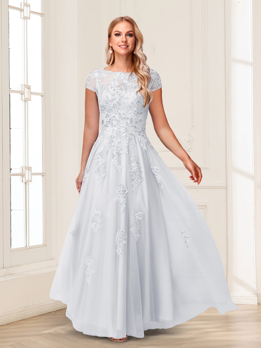 A-Line/Princess Sheer Neck Short Sleeves Long Formal Evening Dresses with Beading & Appliques