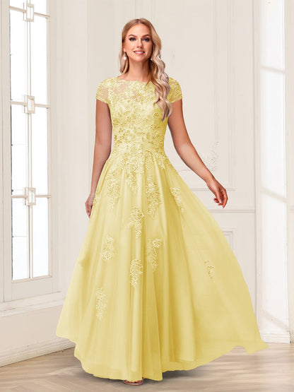 A-Line/Princess Sheer Neck Short Sleeves Long Formal Evening Dresses with Beading & Appliques